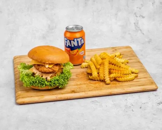 Echte Frango Chicken Burger menu met friet en drankje